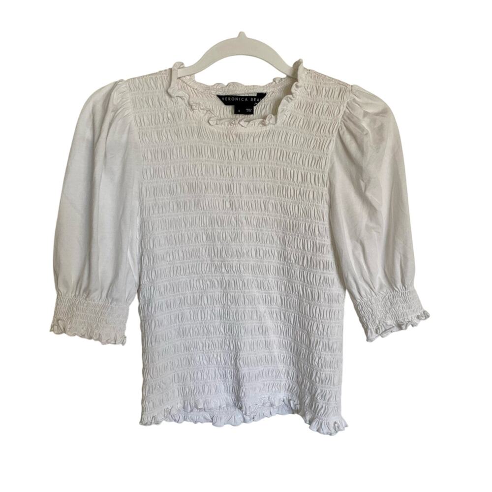 Veronica Beard Quiet Luxury Minimal Chic 100% Cotton Smock Waist Puff Sleeve Top
